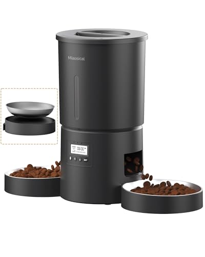Automatic Cat Feeder 2 Cats, 4.2L Dry Food Auto Dispenser with Double Bowls,Dual Power Supply,Programmable Portion Control,10s Voice Recorder(Black,Stainless Steel Bowls) (Pure Black)