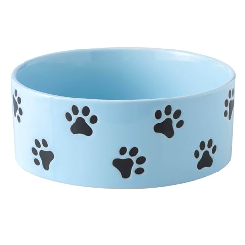 6.5 Inch Sky Blue Ceramic Dog Bowl with Paw Print Pattern - Porcelain Wide Mouth Dog Food or Water Bowls, Large Feeding Pet Bowls for Indoor Medium Sized Dogs, for Wet or Dry Food - color: Sky Blue