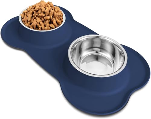 AsFrost Dog Food Bowls Stainless Steel Dog Bowls, Food Water Bowl Set with No Spill Non-Skid Silicone Mat, Dog Dish Double Pet Feeder Bowls for Small Medium Sized Large Dogs Cats Puppy, Blue - color: BLUE, size: 4¾ Cup/38 oz each