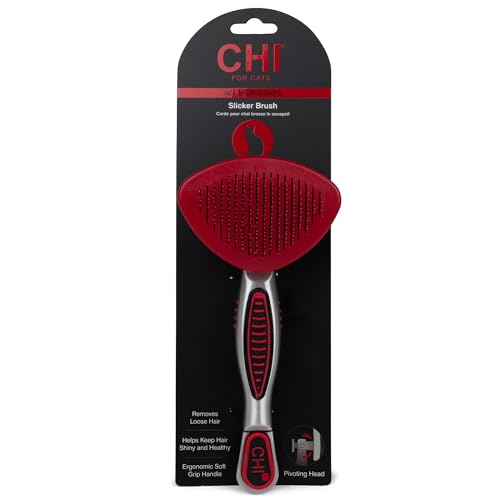 CHI for Cats Self-Cleaning Slicker Brush for All Cats, Removes Loose Hair and Tangles, Retractable Bristles, Ionic Technology Reduces Static, Ergonomic Soft-Grip Handle, Long and Short Hair - color: Cat Slicker Brush