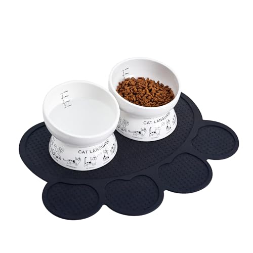 Ceramic Raised Cat Bowls | Tilted Elevated Bowl for Food and Water | Small Dog Bowl With Anti-Slip Silicone Pet Food Mat | 2 Pack Black Set - color: black