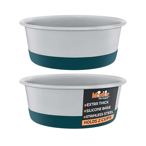 Master Pet Supply Stainless Steel Dog Bowls Set of 2 with Extra Thick Silicone Base - 2 Cup (16 oz) Emerald Sea, Non-Slip, Dishwasher Safe Metal Bowls, Pet Dog Food Bowl for Dogs, Cats, Anti Rust - color: Emerald Sea, size: 2 Cups (16 oz) 2 Pack