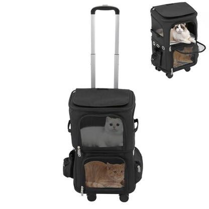 Double-Compartment Pet Rolling Carrier with Wheels, 13.78 * 10.24 * 24.01 in Ajustable Pet Carrier, 22.05 lbs Bearing Collapsible Pet Trolley Bag for Cats, Dogs, Pet Ferrets, Rabbits (Black) - color: Black