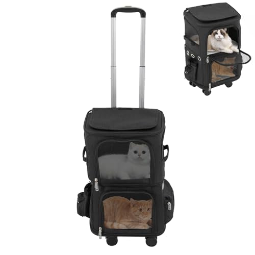 Double-Compartment Pet Rolling Carrier with Wheels, 13.78 * 10.24 * 24.01 in Ajustable Pet Carrier, 22.05 lbs Bearing Collapsible Pet Trolley Bag for Cats, Dogs, Pet Ferrets, Rabbits (Black) - color: Black