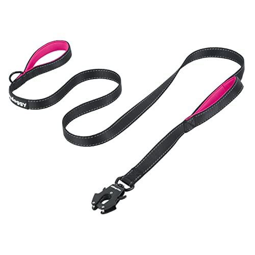 Strong Heavy Duty Dog Leash - 6ft Reflective Nylon Training Leash with Soft Padded Double Handle & Auto Lock Frog Clip - Safety Traffic Control for Large Medium Small Dogs No Pull Walk Black Pink,6ft - color: Black Pink, size: 6FT x 1" x 2.8MM