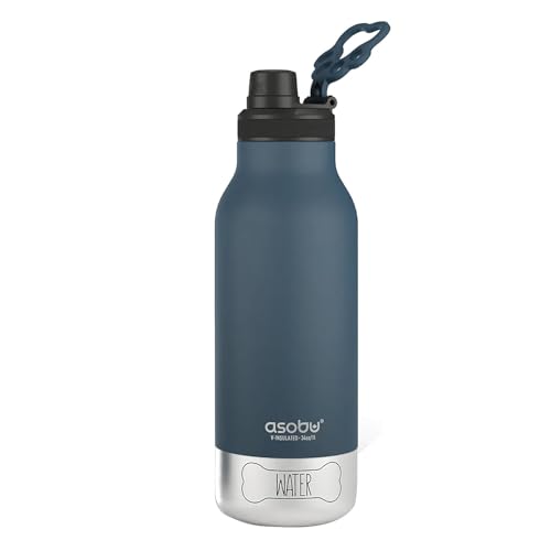 asobu Dog Barky Bottle - 음식, 간식 및 물을 위한 탈착식 강아지 그릇 2개가 있는 단열 스테인리스 스틸 물병 - 하이킹, 도로 여행 및 야외 모험을 위한 반려동물 친화적인 여행용 병 - color: 블루.