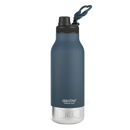 asobu Dog Barky Bottle - 음식, 간식 및 물을 위한 탈착식 강아지 그릇 2개가 있는 단열 스테인리스 스틸 물병 - 하이킹, 도로 여행 및 야외 모험을 위한 반려동물 친화적인 여행용 병 - color: 블루.