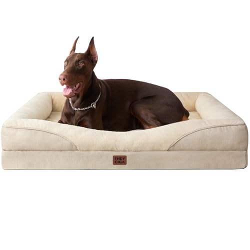 EHEYCIGA Orthopedic XL Dog Bed for Large Sized Dog, 48x35 Inch Extra Large Memory Foam Dog Couch Bed with Sides, Waterproof Liner & Washable Removable Cover, Bolster Pet Sofa, Beige - color: Beige, size: 48x35x7.5