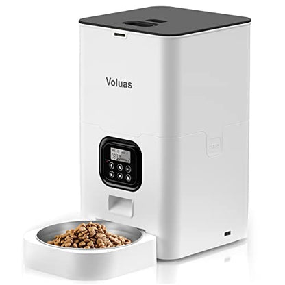 VOLUAS Automatic Cat Feeders - Pet Food Dispenser for Dry Food, Timed Cat Feeder with Desiccant Bag, Programmable Portion Size Control 4 Meals Per Day, 10s Voice Recorder | Programmable Portion Control, Up to 4 Meals Daily, Dual Power Supply, Power-Off Me