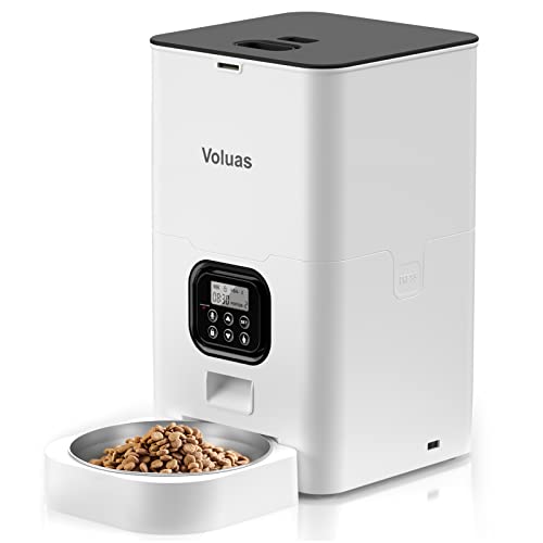 VOLUAS Automatic Cat Feeder, 6L Timed Dry Food Dispenser for Cats & Dogs | Programmable Portion Control, Up to 4 Meals Daily, Dual Power Supply, Power-Off Memory, 10-Second Voice Recorder - color: White Opaque, size: 6 L