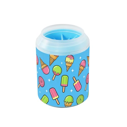 Ice Cream Blue Print Dog Paw Cleaner Cup with Soft Silicone Brush, Portable Lightweight Small Muddy Paw Washer for Dogs, Easy to Use Pet Foot Cleaner