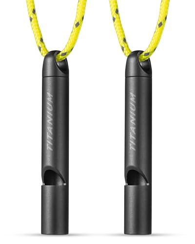 Titanium Survival Emergency Whistle,120-130dB,Rustproof, Durable | Saltwater & Sweat Resistant, Safe for Oral Use, Pea-less, Works Submerged, Compact with Key Ring & Lanyard - color: Black 2 Pack