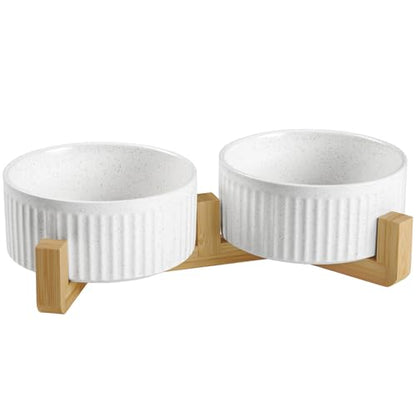 Non-Slip Ceramic Dog Bowls with Wooden Stand,8" Dog Food and Water Bowl Set with Silicone Base, 64 OZ/8 Cups Weighted Flip-Proof Pet Feeding Bowl for Small Dogs and Cats (Large,White) - color: Wood Stand, size: 8 Cups