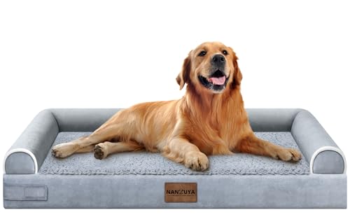NANUYA Orthopedic Dog Bed for X-Large Dogs, 40 x 32 Inch, Light Grey | Egg crate foam for joint support, 3-sided bolster pet sofa, waterproof lining, washable cover, and non-skid base - color: Light Grey, size: 40.0"L x 32.0"W x 6.5"Th