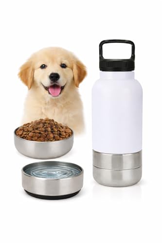 Portable Dog Water Bottle 3-in-1, 32 oz Stainless Steel Travel Dog Water Dispenser with Food Container & Double Bowls, Leakproof for Walking, Hiking & Travel (White)