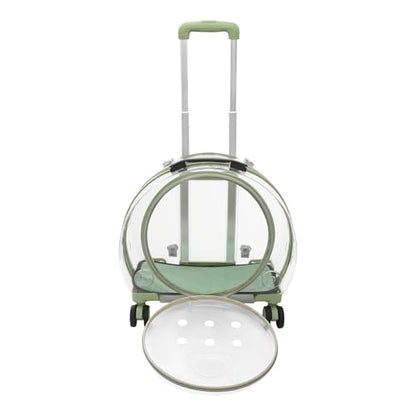 Transparent & Fully Breathable Hard Cat Carrier with Rolling Wheels, Multiple Carrying Carrier for Cats, Dogs, Or Bunnies for Traveling, Taking a Walk, Applicable Weighing up to 19.84lbs (Green,Clear)