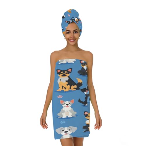 Cute Dogs Breeds Microfiber Bathrobe and Hair Towel Wrap Set for Women Quick Dry Shower Towels Wrap Absorbent Soft Bath Robe and Hair Drying Cap for Spa After Shower