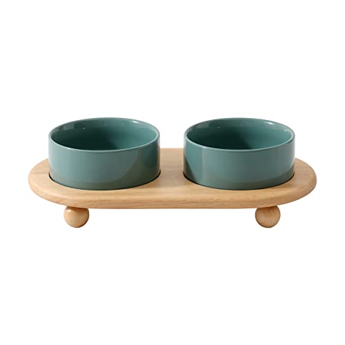 Havniva Raised Cat Bowls Water Bowl 5.1” Elevated Ceramic Cat Food and Water Bowl Whisker Friendly Pet Food Bowls for Indoor Cats, Wide Cat Water Dish Prevent Whisker Fatigue Non Slip Cat Feeder - color: 2 x Bowl + Stand - Dark Green, size: 5.1inch