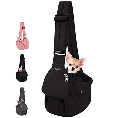 Lukovee Dog Sling Carrier, Hard Bottom Support & Adjustable Soft Padded Shoudler Strap Dog Slings for Small Dogs, Dog Purse with Drawstring Mesh Opening & Zipper Pockets for Puppy Cat Pet (Black) - color: Black