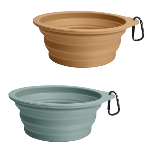 PetBonus 2-Pack Large Silicone Collapsible Dog Bowls, 34oz/1000ml BPA Free Portable Foldable Travel Bowl for Pet Cat, Food Water Feeding Dish for Camping with 2 Carabiners (Turquoise, Tan) - color: Turquoise, Tan, size: 34 Oz