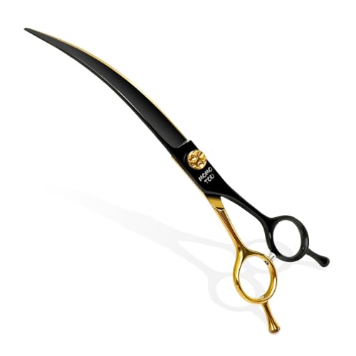 45° Super Curved Dog Grooming Scissors 7.5" | 440C Stainless Steel, CNC, Big Arc Curved, Sharp and Durable, Professional Groomers，Black & Gold，Adjustable Screw