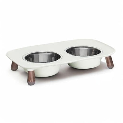 Messy Mutts Elevated Double Feeder with Stainless Bowls | Adjustable Height 3”, 5”, or 10” | Adjustable Standing Feeder for Dogs | 5 Cups per Bowl | Light Grey with Faux Wood Legs - color: Light Grey, Faux Wood Legs