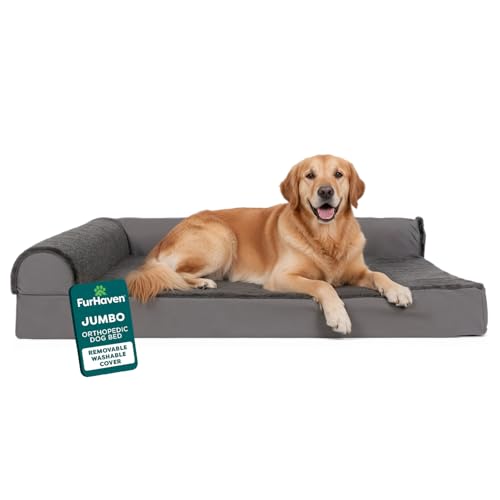 FurHaven Orthopedic Dog Bed for Large Dogs, L-Shaped Chaise Mattress with Orthopedic Egg Crate & Solid Orthopedic Foam Base for Joint Support, Washable Cover, Jumbo XL, Plush & Velvet, Platinum Gray - color: Platinum Gray, size: Jumbo
