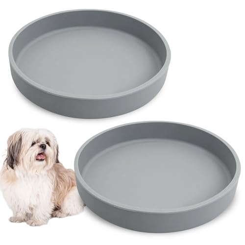 Silicone Dog Bowl Shallow Cat Food Bowls 7in Flat Puppy Plates Cute Whisker Fatigue Pet Feeding Dishes Set of 2 for Dry and Wet Food Indoor (Round Grey) - color: Grey, size: L: 7 inches - without Suction Cup