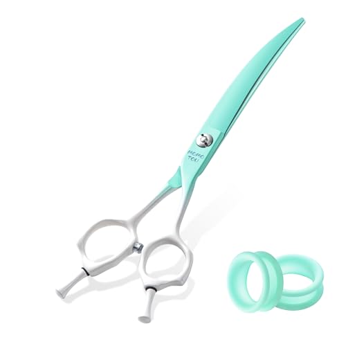 7'' Curved Dog Grooming Scissors Green to White Gradient | 440C Stainless Steel, Sharp Durable, Professional or Home Use, Ergonomic Handle with 2 Silicone Finger Rings - color: Green