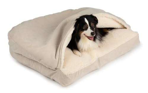 Snoozer Rectangle Cozy Cave Dog Bed - Indoor Dog Bed with Cover Cave, Covered Calming Burrow for Small & Medium Sized Pets with Blanket Attached, Enclosed, Washable Cover - Medium, Buckskin - color: Buckskin, size: Medium