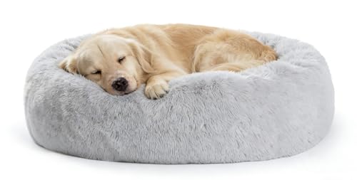 SAVFOX 36 inches Calming Donut Dog Bed - 3X Durable Plush Faux Fur, Machine Washable & Non-Slip, Fits up to 100 lbs, Light Grey - color: Light Grey, size: Large | 36"x36"