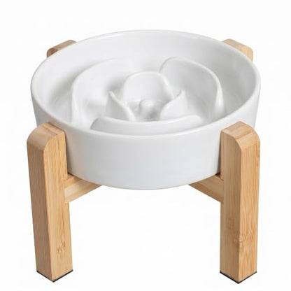 Elevated Slow Feeder Dog Bowl Large Breed, 8.8 Inch Ceramic Slow Eating Bowl with Screw-Assembled Bamboo Stand, Anti-Choking Raised Maze Design for Medium to Large Dogs, 3.2 Cup, White - color: White, size: 3.2 Cup（Screw Style）
