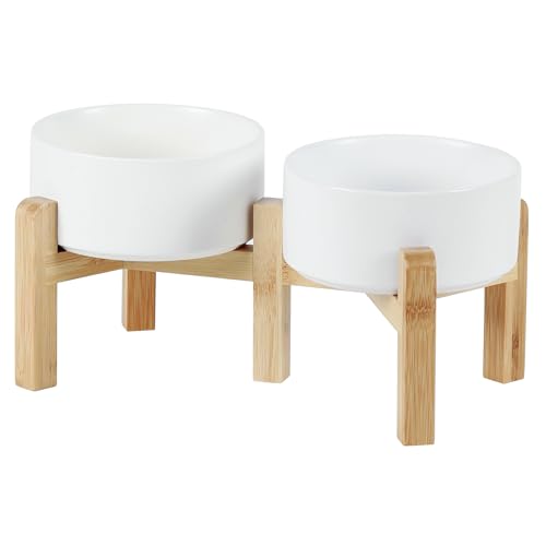 Havniva 6.1” Dog Bowls Elevated Ceramic Dog Food and Water Bowl Set, Double Raised Dog Water Bowl with Stand Non-Slip Rubber Base Two Heights Large Capacity Feeding Pet Food Bowl for Small Dogs - color: Matte White - 2 Bowls+Stand, size: 6.1 Inch