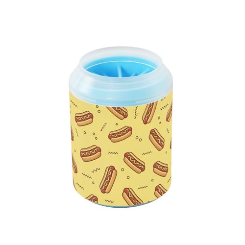 Hot Dog Yellow Print Dog Paw Cleaner Cup with Soft Silicone Brush, Small Portable Lightweight Muddy Paw Washer for Dogs, Easy to Use Pet Foot Cleaner