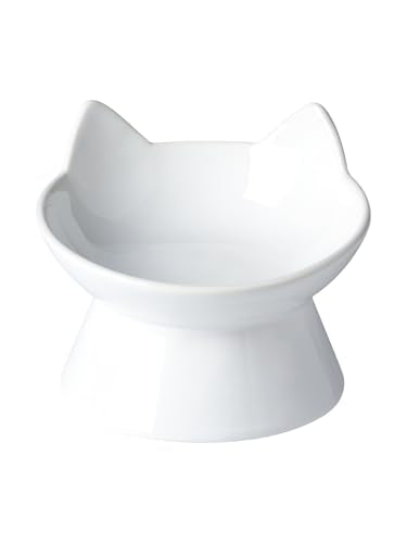 ABRUTY Cat Food Bowl, 5 OZ Ceramic Elevated Kitten Water Bowl, 15° Tilted Raised Pet Feeder, Anti Vomiting and Whisker Friendly Dishes for Fat Faced, Cat, Kitten, Small Dog - color: White Cat, size: 1 Pack