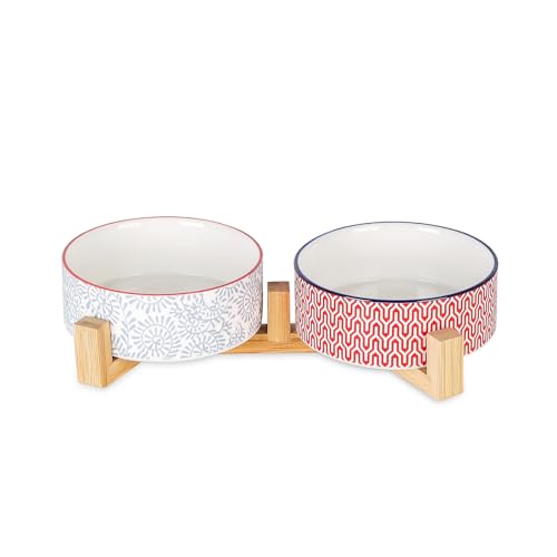 Selamica Ceramic 14 oz Dog Bowls - Anti-Slip Pet Dishes Set with Wooden Stand for Cats & Small Dogs, Weighted, Assorted Colors, Food & Water Dishes - color: Assorted Colors B, size: 14 oz
