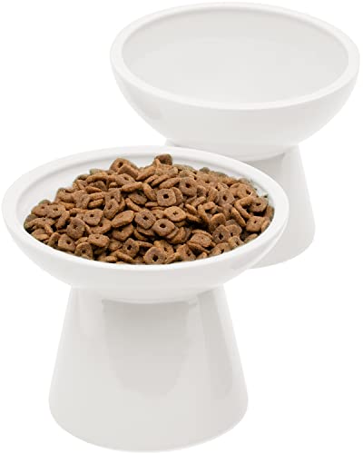 CEEFU 2 Elevated Ceramic Cat Bowls Extra Wide for Food & Water – Whisker Fatigue Shallow Food Dish, Lead & Cadmium-Free, Raised Height for Cats and Dogs, White - color: White