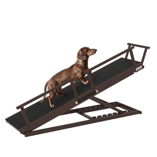 Dog Ramp for Bed - 7-Level Adjustable (13"-37") Birchwood Dog Ramp for High Bed, Couch, 60" Foldable with Rails for Large Dogs, Non-Slip EVA Mat, DIY Glow Strips, Wooden Ramp Support 200 Lbs - color: Brown