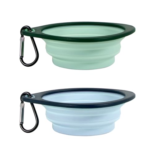 LEAWALK Reusable Pet Collapsible Bowls 2 Pack for Cats Dogs, Portable Pet Feeding Watering Dish with 2 Carabiners for Walking Parking Traveling Indoor， (Medium Blue+Green) - color: Blue+Green