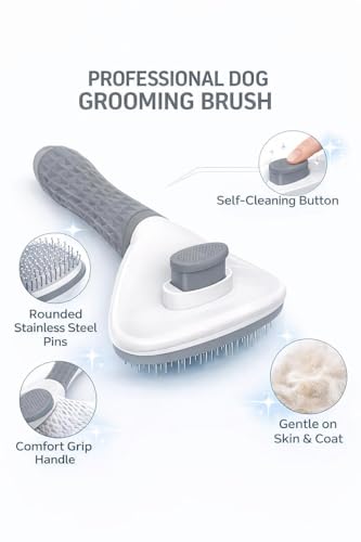 Self Cleaning Slicker Brush for Dogs & Cats – Deshedding Grooming Tool with One Click Hair Removal – Gentle for Sensitive Skin - color: GREY