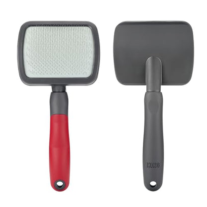 KONG Large Slicker Brush – Removes Loose Hair, Reduces Shedding, Comfortable Non-Slip Grip, Long Metal Pins, for Medium to Large Dogs with Medium to Long Coats, Red/Gray - size: Large Slicker