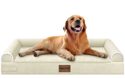 NANUYA Orthopedic Dog Bed for X-Large Dogs, 40 x 32 Inch, Beige | Egg crate foam for joint support, 3-sided bolster pet sofa, waterproof lining, washable cover, and non-skid base - color: Beige, size: 40.0"L x 32.0"W x 6.5"Th
