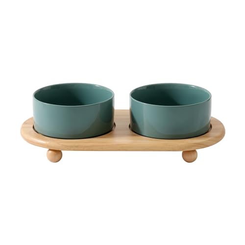 Havniva Raised Cat Bowls Water Bowl 6.1” Elevated Ceramic Cat Food and Water Bowl Whisker Friendly Pet Food Bowls for Indoor Cats, Wide Cat Water Dish Prevent Whisker Fatigue Non Slip Cat Feeder - color: 2 x Bowl + Stand - Dark Green, size: 6.1inch