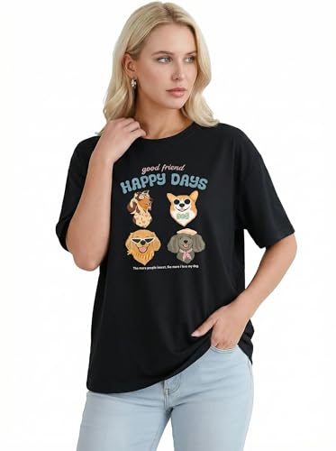 Aiyino Womens Funny Dog Graphic Tee Oversized Dog Lover Shirt | 100 Percent Cotton Soft Breathable Lightweight Everyday Comfort - color: 4dogs Black, size: XX-Large