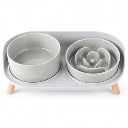 Elevated Slow Feeder Dog Bowls - Ceramic Food and Water Bowl Set with Stand - Raised Pet Dishes for Small and Medium Sized Dogs - color: Grey