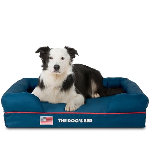 The Dog’s Bed Orthopedic Memory Foam Dog Bed with Bolsters for Large Dogs, High Density Support Mattress, Low Front Entry, Removable Washable Cover, Oxford Fabric, Blue with Dark Red Trim, Large - color: Blue with Red Trim USA Flag, size: Large Beds