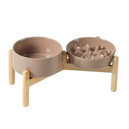 Havniva 6.1” Raised Slow Feeder Dog Bowls Set, 0.9 Cups Ceramic Slow Feeder Dog Bowl and 6.1” Dog Water Bowl with Elevated Wooden Stand Puzzle Dog Food Bowl for Small Dogs Anti-Gulping & Anti-Choking - color: 2 x Brown Coffee+Stand-C, size: 6.1inch