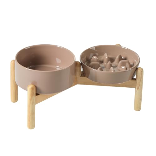 Havniva 6.1” Raised Slow Feeder Dog Bowls Set, 0.9 Cups Ceramic Slow Feeder Dog Bowl and 6.1” Dog Water Bowl with Elevated Wooden Stand Puzzle Dog Food Bowl for Small Dogs Anti-Gulping & Anti-Choking - color: 2 x Brown Coffee+Stand-C, size: 6.1inch
