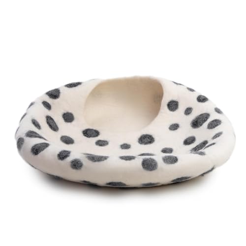 Luxurious Merino Wool Cat Cave - Cats Curl Into Instantly - Foldable Hideaway Pod for Indoor Cats - Felt Kitten Pet Enclosure - Covered Cat House by Woolygon - color: White Polka