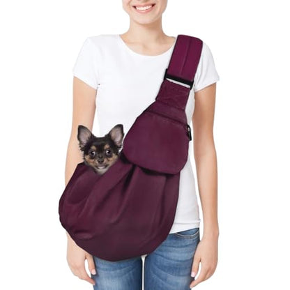 SlowTon Dog Carrier Sling - Thick Padded Shoulder Strap Adjustable Dog Carriers for Small Dogs, Puppy Carrier Purse for Pet Cat with Front Zipper Pocket Safety Belt Machine Washable, WR, M - color: H-Wine Red Cotton Fabric
